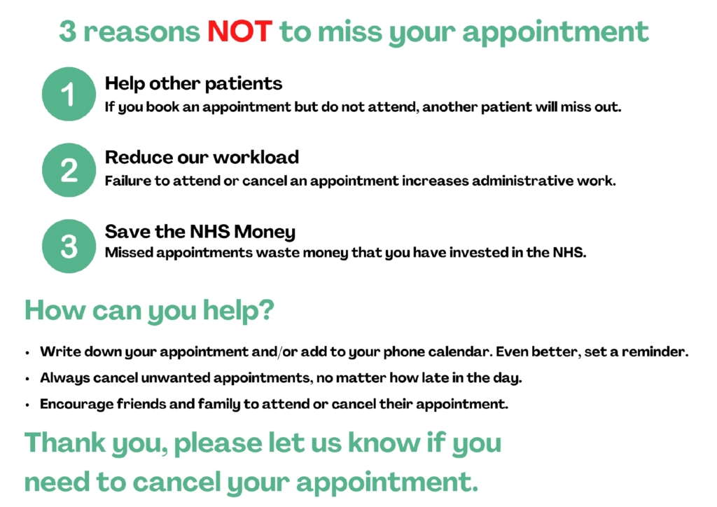 3 Reasons not to miss your appointment Poster 3 reasons not to miss your appointment 1 Help other patients who will miss out. 2 Reduce our workload. 3 Save the NHS Money in wasted appointments