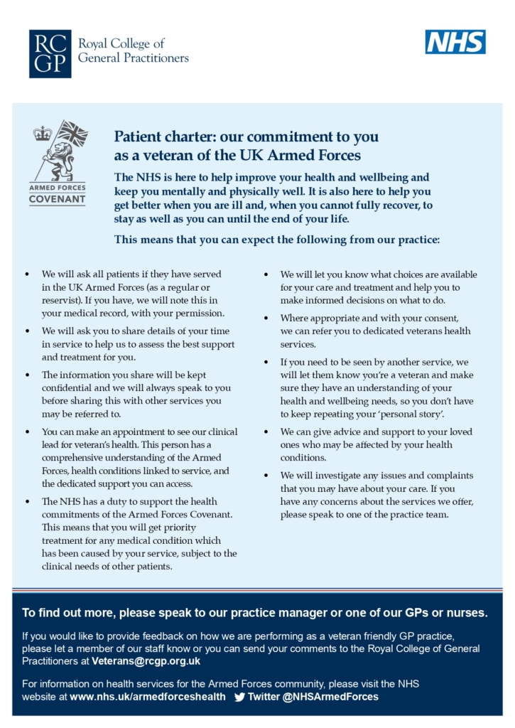 NHS – RCGP materials Veteran patient charter Veteran Friendly Practice